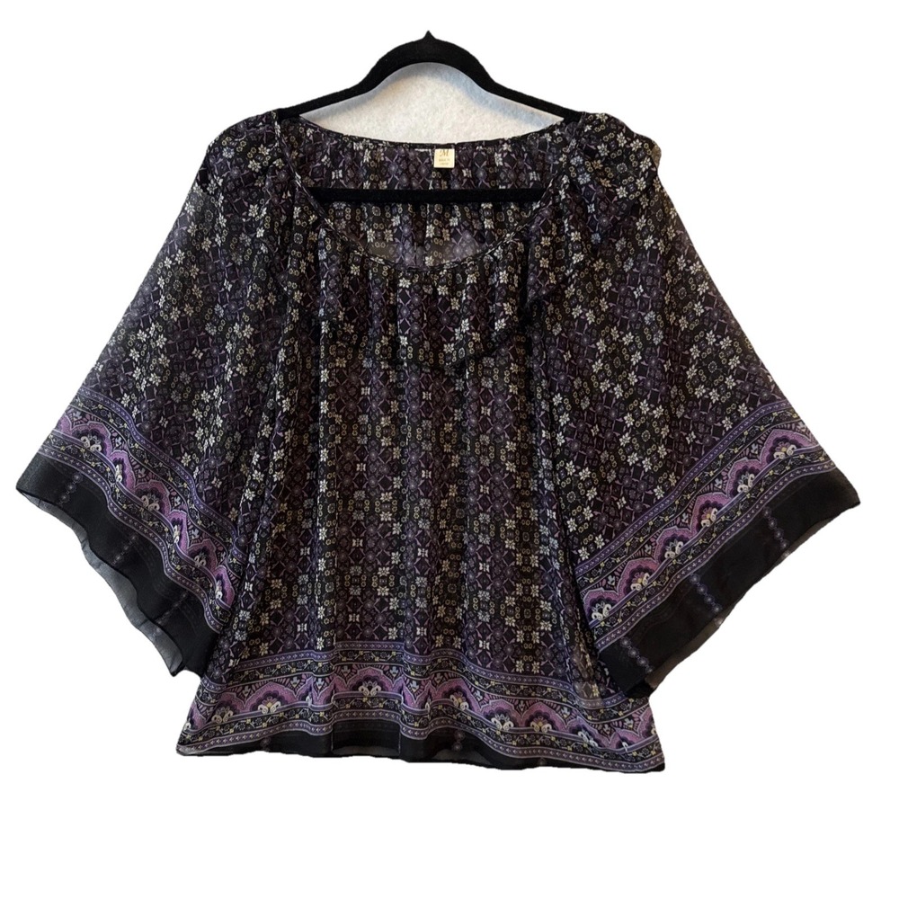 Boho Purple Floral Sheer Ruffle Neck Wide Asymmetric Sleeve Blouse M Fairy Goth